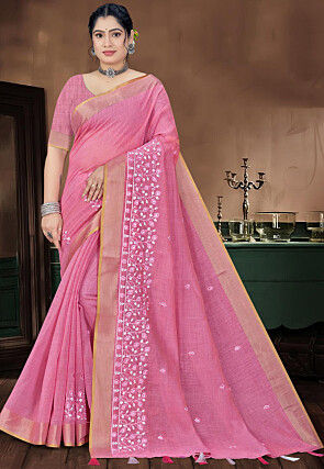 Embroidered Cotton Saree in Pink