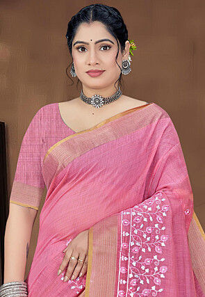 Embroidered Cotton Saree in Pink