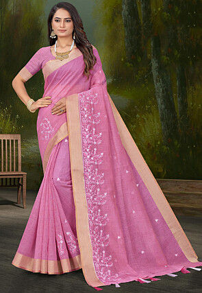 Embroidered Cotton Saree in Pink