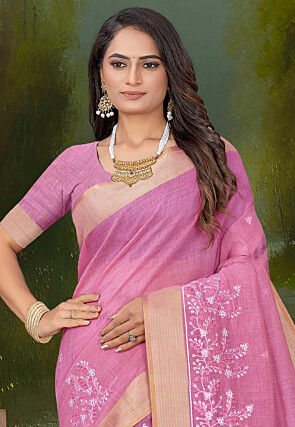 Embroidered Cotton Saree in Pink