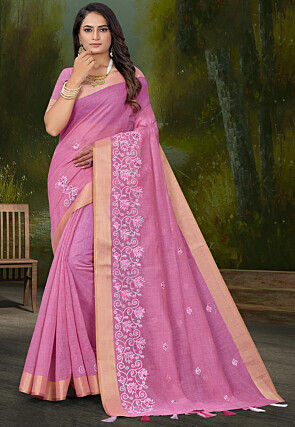Embroidered Cotton Saree in Pink
