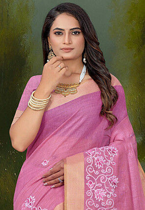 Embroidered Cotton Saree in Pink