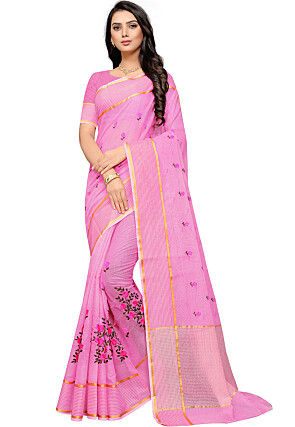 Embroidered Cotton Saree in Pink