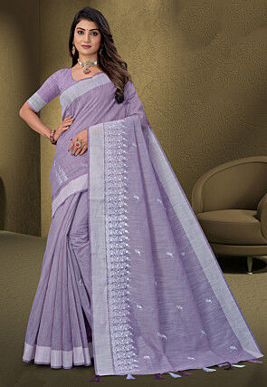 Embroidered Cotton Saree in Purple