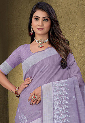 Embroidered Cotton Saree in Purple
