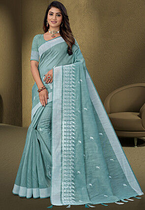 Embroidered Cotton Saree in Sea Green