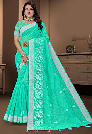 Embroidered Cotton Saree in Sea Green