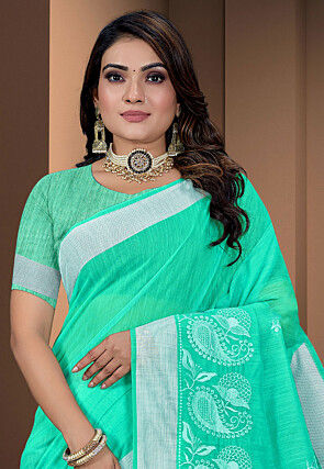 Embroidered Cotton Saree in Sea Green