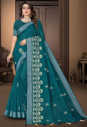 Embroidered Cotton Saree in Teal Green