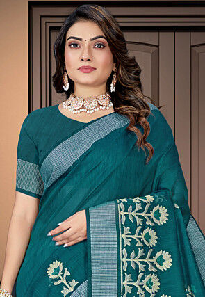 Embroidered Cotton Saree in Teal Green