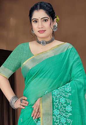 Embroidered Cotton Saree in Teal Green