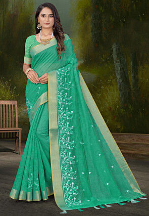 Embroidered Cotton Saree in Teal Green