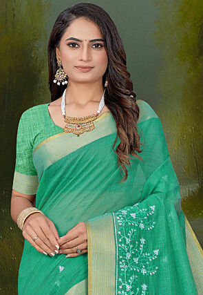 Embroidered Cotton Saree in Teal Green