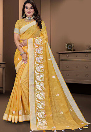 Embroidered Cotton Saree in Yellow