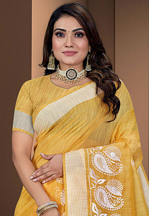 Embroidered Cotton Saree in Yellow