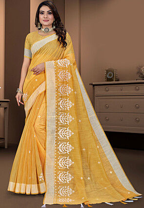 Embroidered Cotton Saree in Yellow