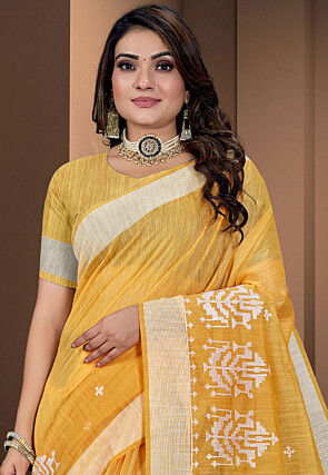 Embroidered Cotton Saree in Yellow