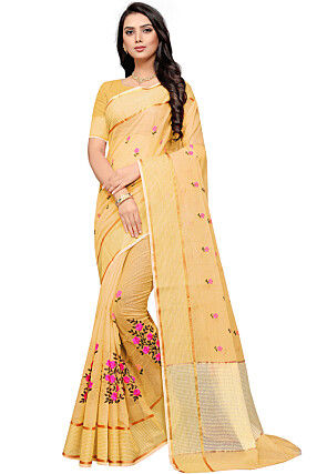 Embroidered Cotton Saree in Yellow