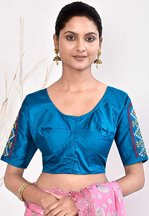 Embroidered Cotton Satin Blouse in Blue
