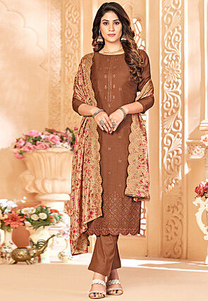 Embroidered Cotton Satin Pakistani Suit in Brown