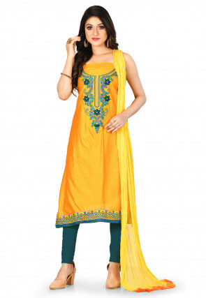 Embroidered Cotton Satin Straight Suit in Mustard