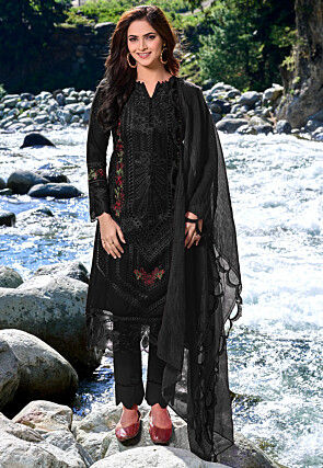 Embroidered Cotton Scalloped Pakistani Suit in Black