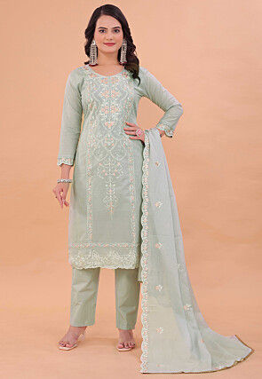 Embroidered Cotton Scalloped Pakistani Suit in Grey