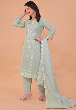 Embroidered Cotton Scalloped Pakistani Suit in Grey