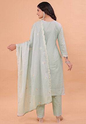 Embroidered Cotton Scalloped Pakistani Suit in Grey