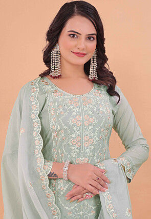 Embroidered Cotton Scalloped Pakistani Suit in Grey