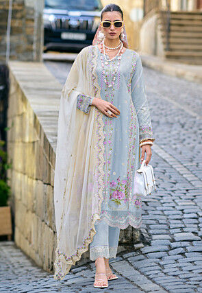 Embroidered Cotton Scalloped Pakistani Suit in Light Blue