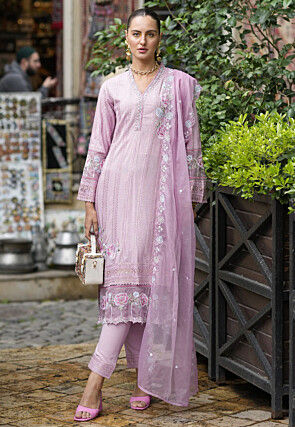 Embroidered Cotton Scalloped Pakistani Suit in Light Purple