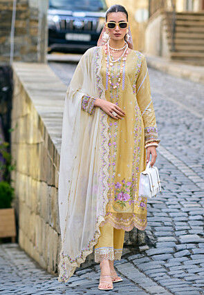 Embroidered Cotton Scalloped Pakistani Suit in Light Yellow
