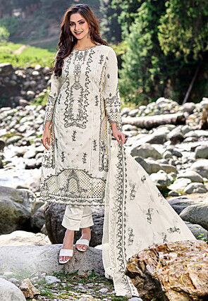 Embroidered Cotton Scalloped Pakistani Suit in Off White