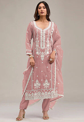 Embroidered Cotton Scalloped Pakistani Suit in Peach