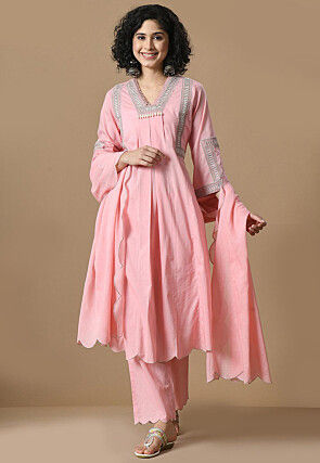 Embroidered Cotton Scalloped Pakistani Suit in Pink