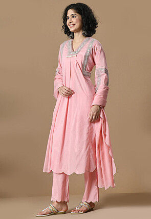 Embroidered Cotton Scalloped Pakistani Suit in Pink