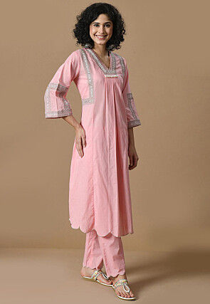 Embroidered Cotton Scalloped Pakistani Suit in Pink