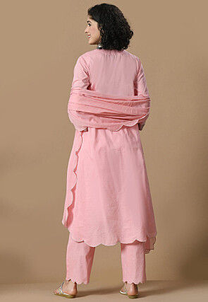 Embroidered Cotton Scalloped Pakistani Suit in Pink
