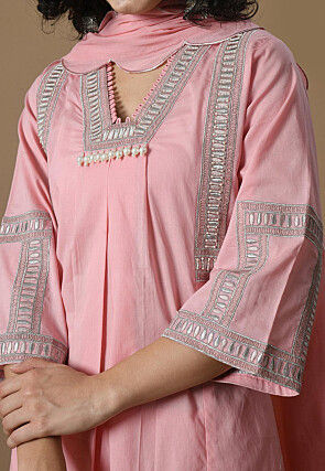 Embroidered Cotton Scalloped Pakistani Suit in Pink