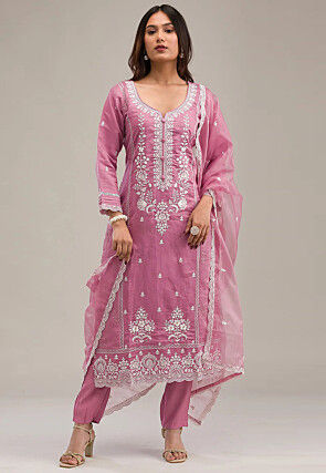 Embroidered Cotton Scalloped Pakistani Suit in Pink