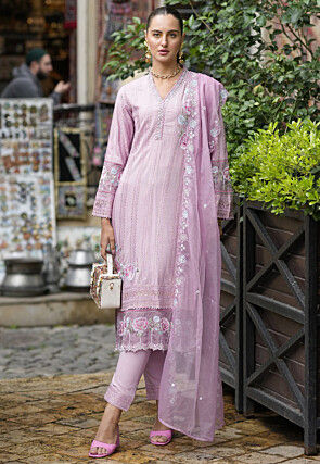 Embroidered Cotton Scalloped Pakistani Suit in Purple