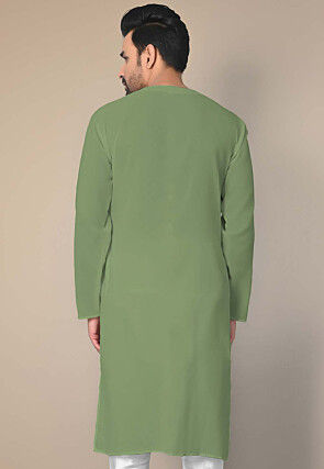 Embroidered Cotton Front Open Straight Kurta in Dusty Green