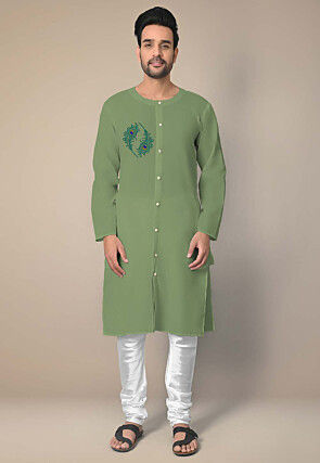 Embroidered Cotton Front Open Straight Kurta in Dusty Green