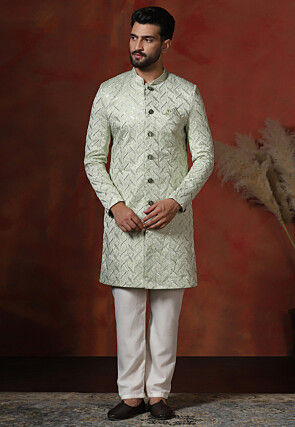 Embroidered Cotton Sherwani in Light Green