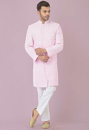 Embroidered Cotton Sherwani in Light Pink