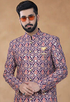 Embroidered Cotton Sherwani in Purple