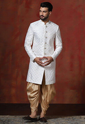 Embroidered Cotton Sherwani in White