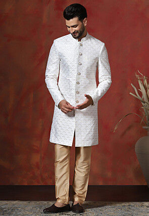 Embroidered Cotton Sherwani in White