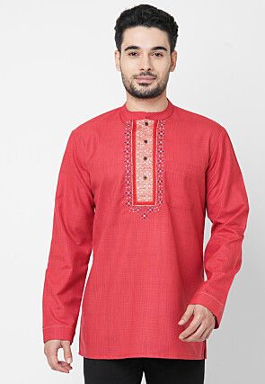 Embroidered Cotton Short Kurta in Coral Red
